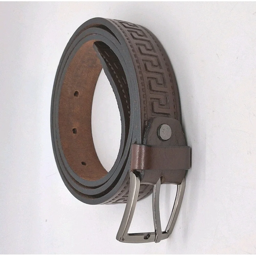 Made in Greece Real Leather Belt Mens Brown Greek Key Western 35-30
